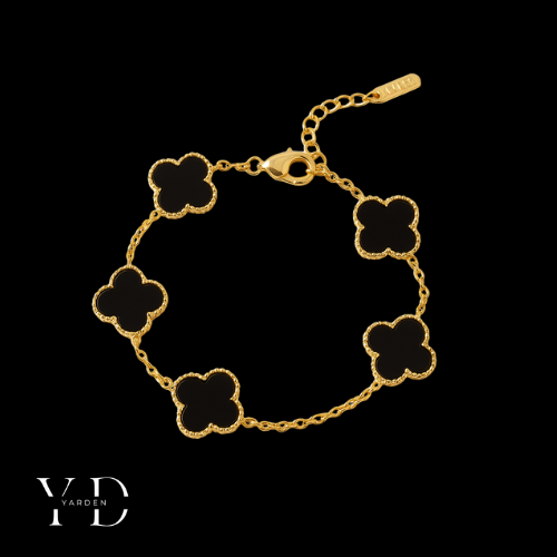 צמיד תלתן שחור - בציפוי זהב 18 קראט