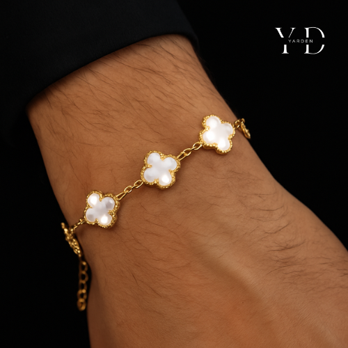 צמיד תלתן לבן | בציפוי זהב 18K